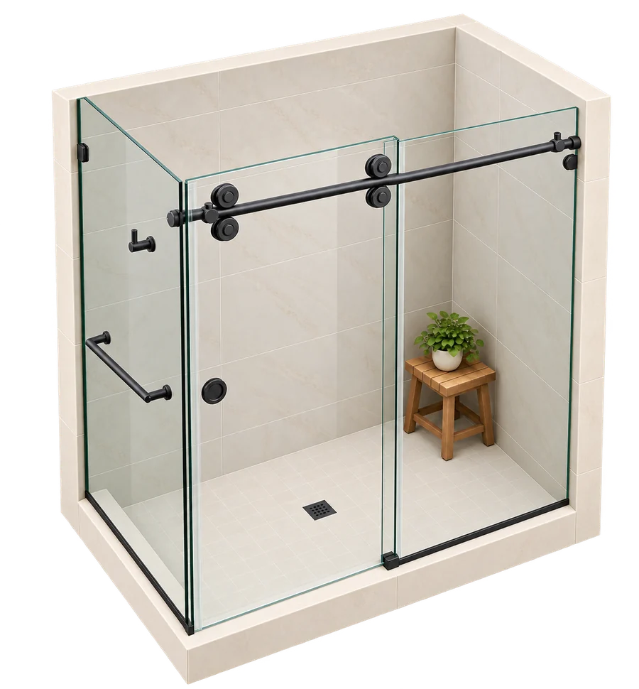 Frameless Sliding Door with 90 Degree Return frameless sliding shower door layout