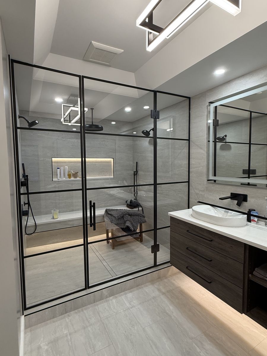 Wide grid shower door in matte black