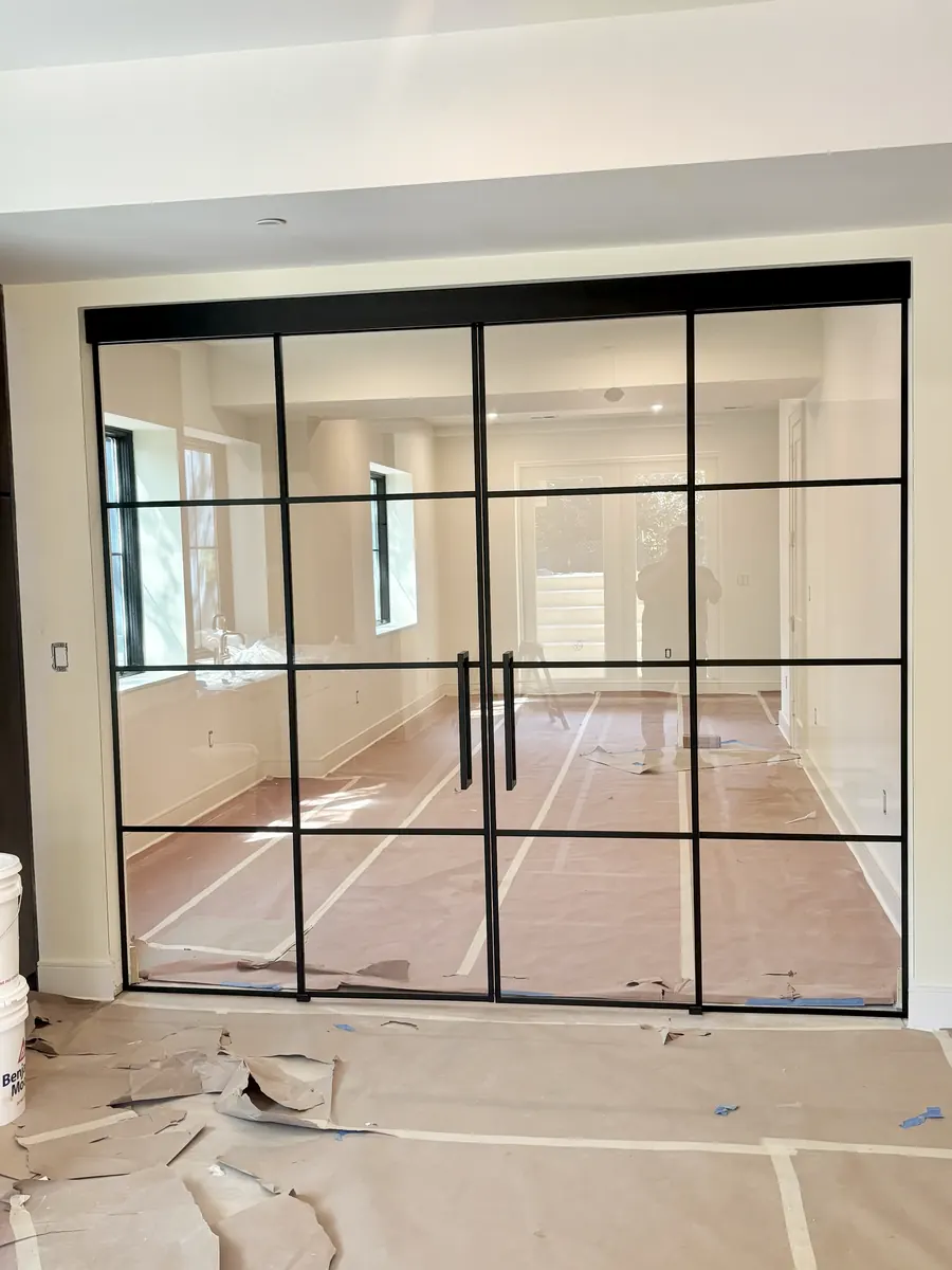 Grid shower door, matte black hardware, interior, sliding