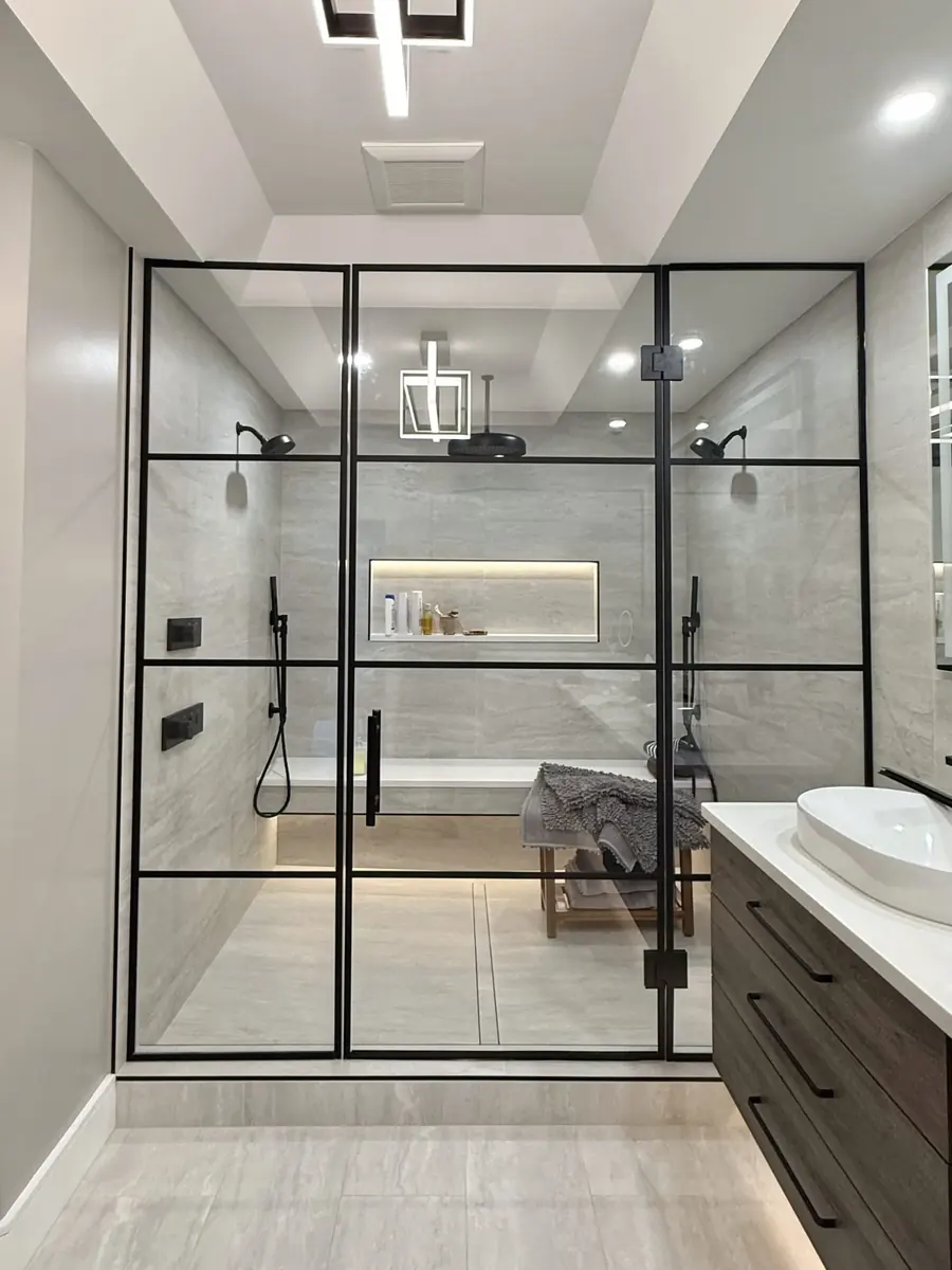 Grid shower door, matte black hardware, in-line panels