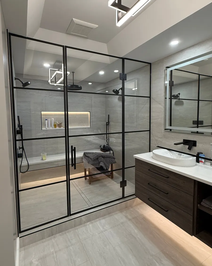 Grid shower door, matte black hardware, in-line panels
