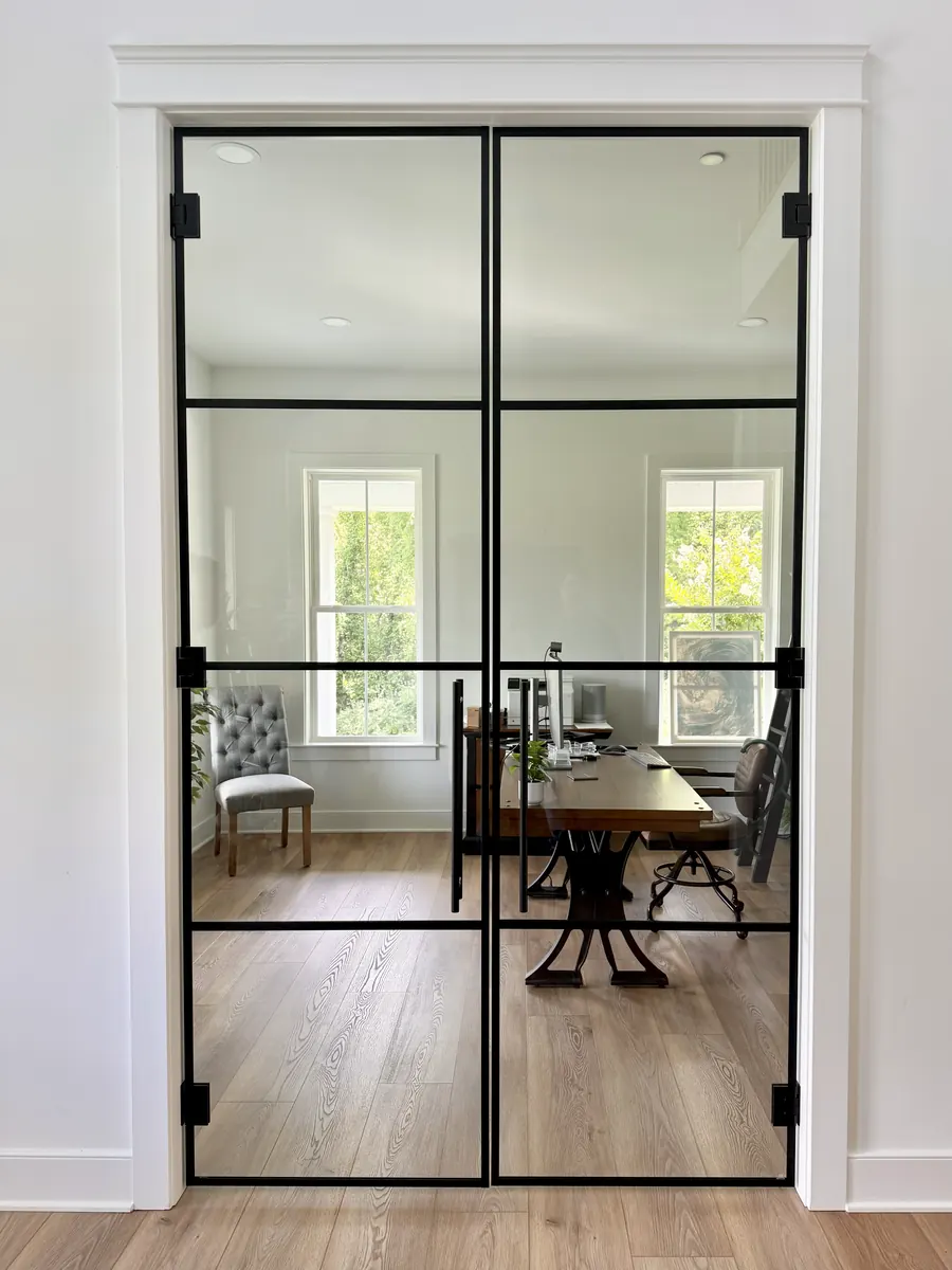 Grid shower door, matte black hardware, interior, french doors to office