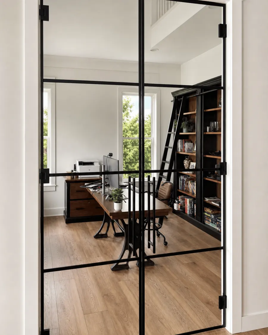 Grid shower door, matte black hardware, interior, french doors