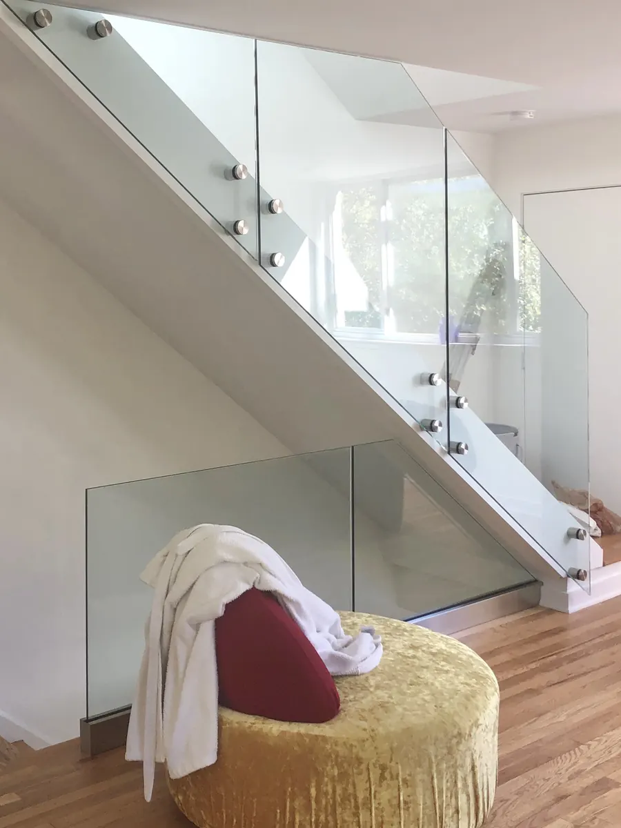 Glass railing, Interior Stair Glass Rail with Offset Mounting