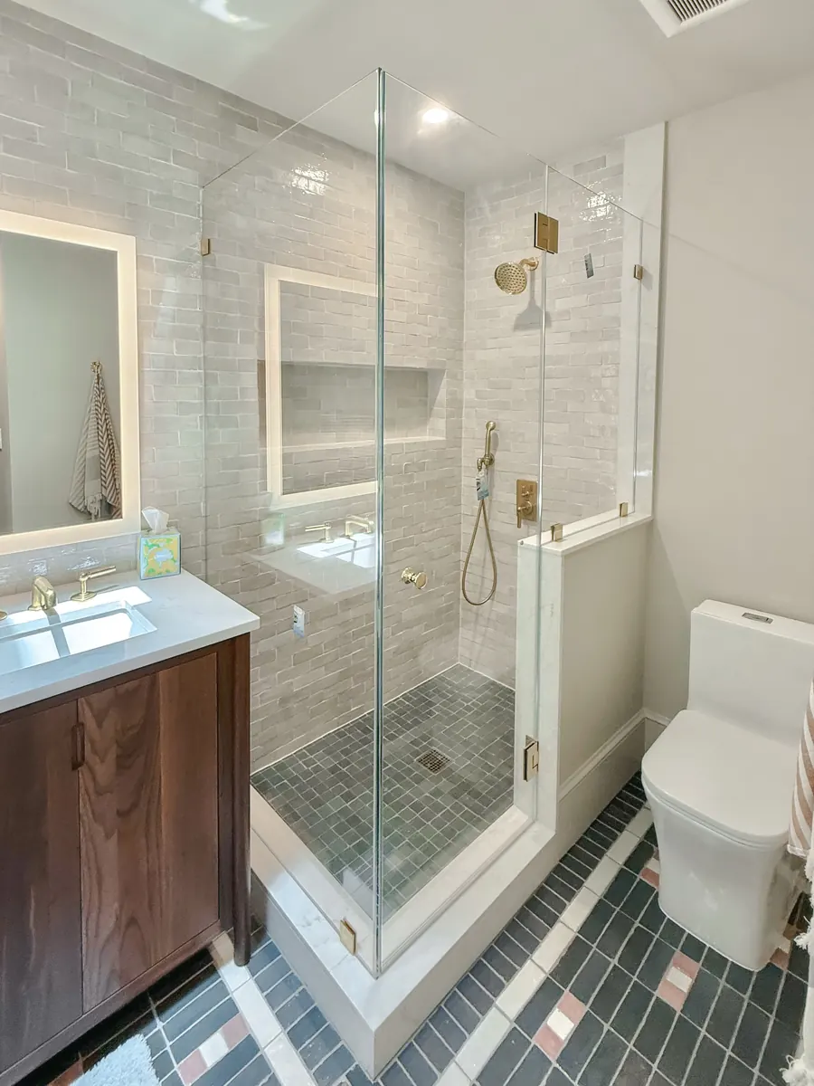 90 degree corner frameless glass shower enclosure, satin brass hardware, knob, 90 degree Glass Shower Door