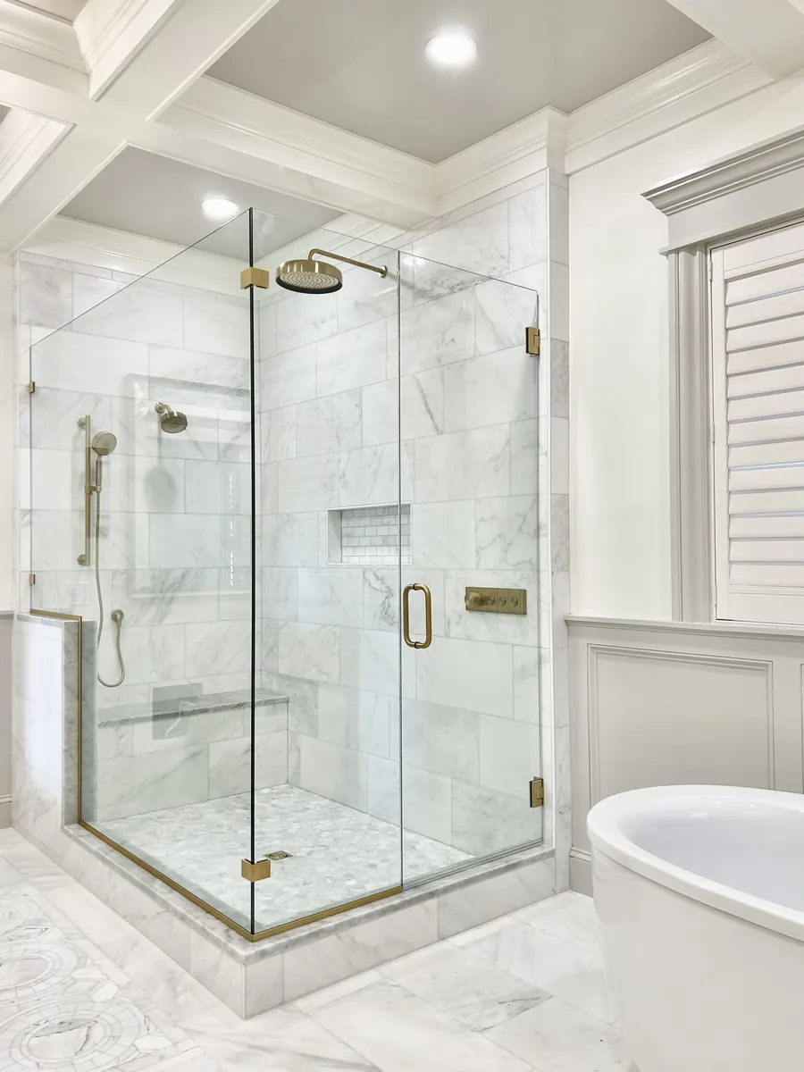 90 degree corner frameless glass shower enclosure, satin brass hardware, Shower Door in Highland, Columbia