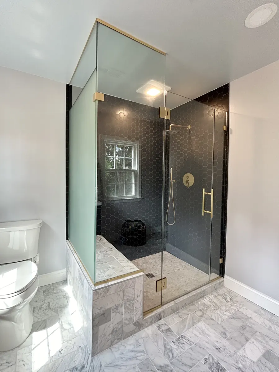 90 degree corner frameless glass shower enclosure, satin brass hardware, Shower Door with satin Etched Glass in Wheaton Maryland
