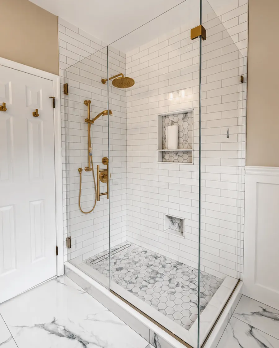 90 degree corner frameless glass shower enclosure, satin brass hardware