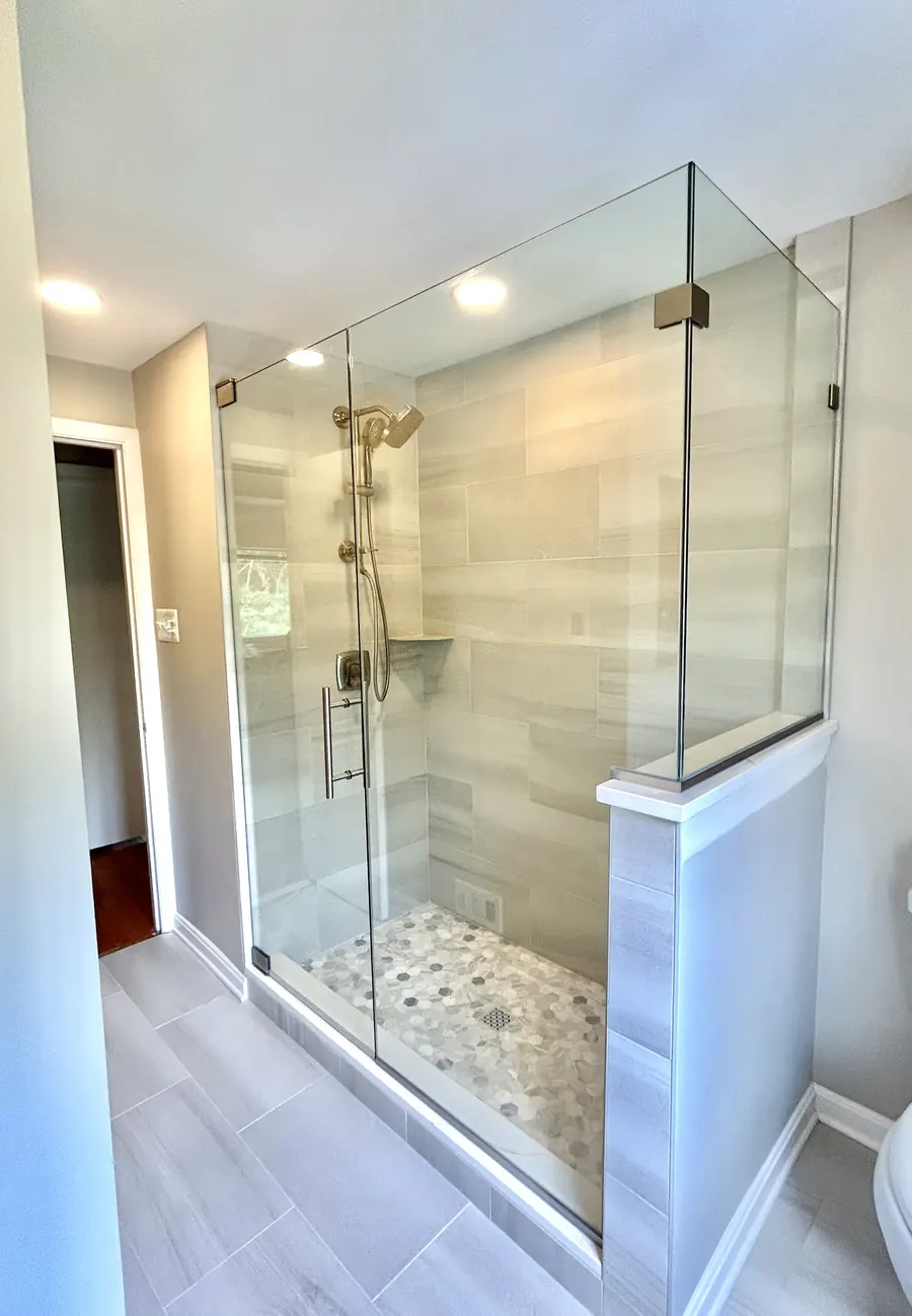 90 degree corner frameless glass shower enclosure, brushed nickel hardware, Frameless Door-Panel-Return Shower Door in Howard County