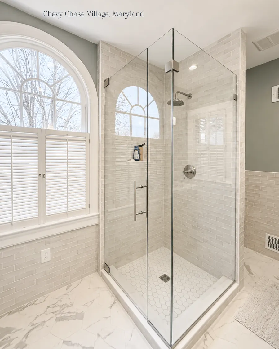 90 degree corner frameless glass shower enclosure, brushed nickel hardware