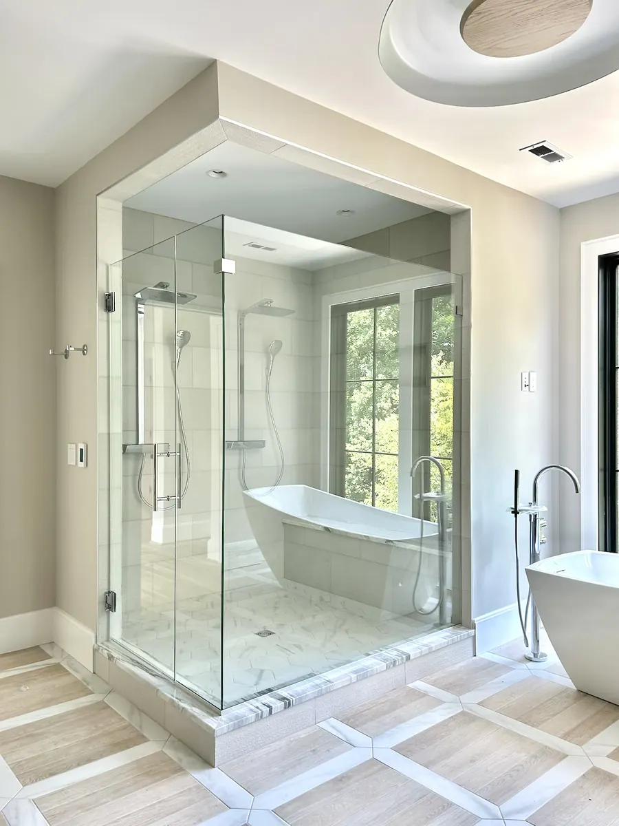 90 degree corner frameless glass shower enclosure, polished chrome hardware, Frameless Door-Panel-Return with Low Iron Glass