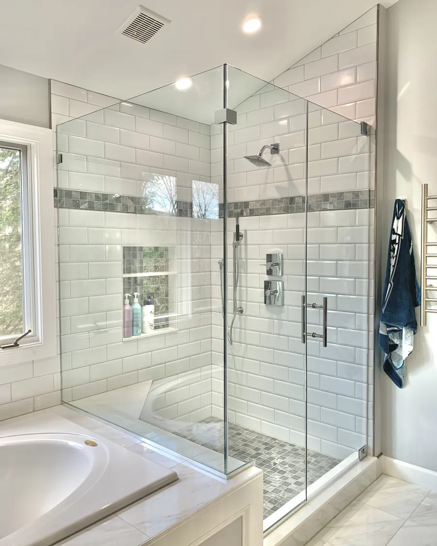 90 degree corner frameless glass shower enclosure, polished chrome hardware, Frameless Shower Door in Bethesda Maryland
