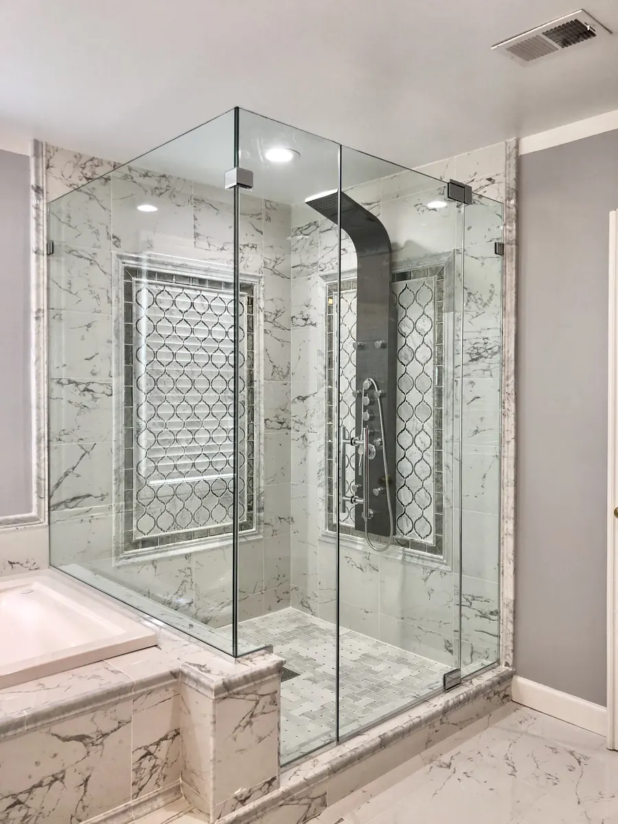 90 degree corner frameless glass shower enclosure, polished chrome hardware, Frameless Shower Door in Rockville