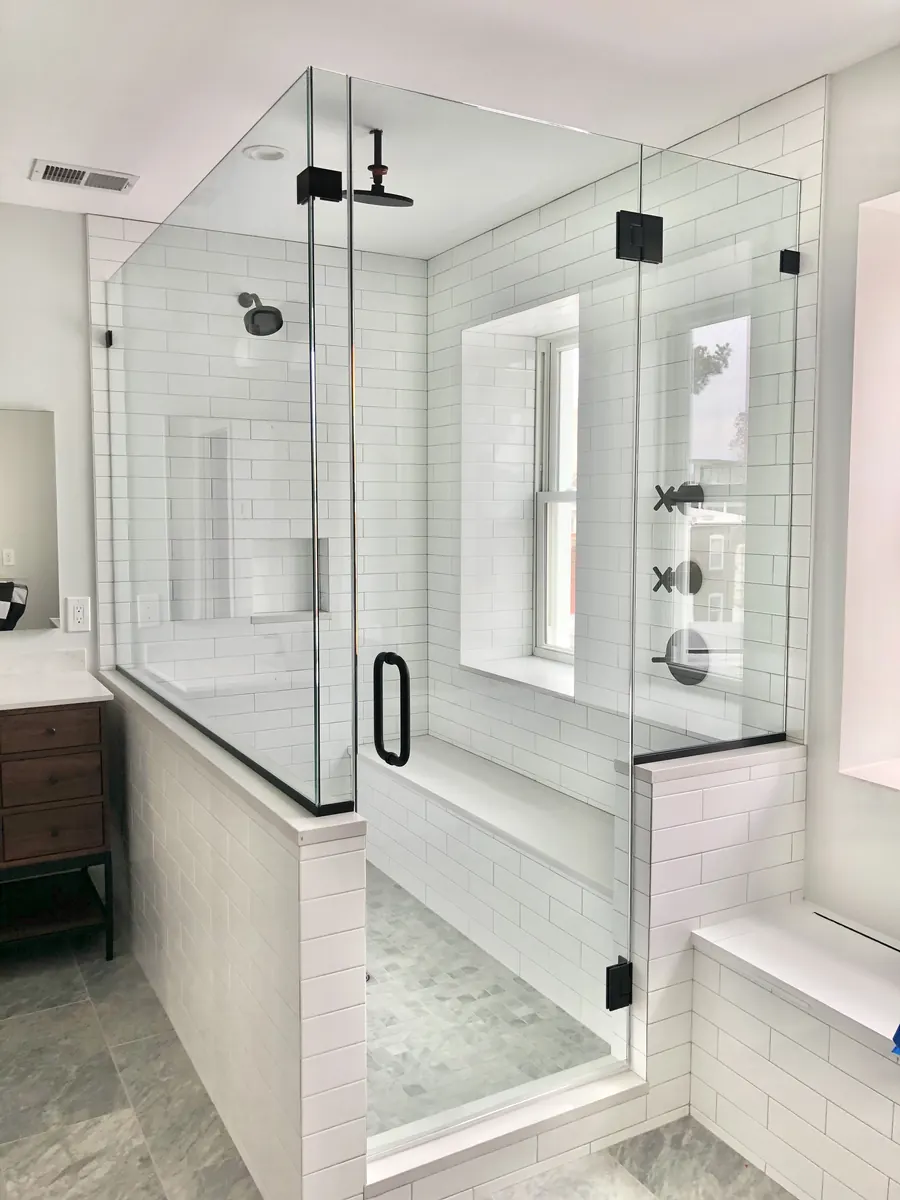 90 degree corner frameless glass shower enclosure, matte black hardware, Frameless Panel-Door-Panel-Return