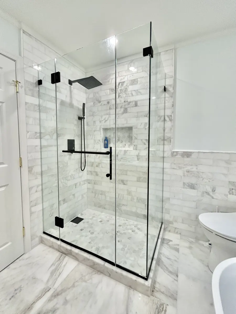90 degree corner frameless glass shower enclosure, matte black hardware, Frameless Shower Door in Potomac
