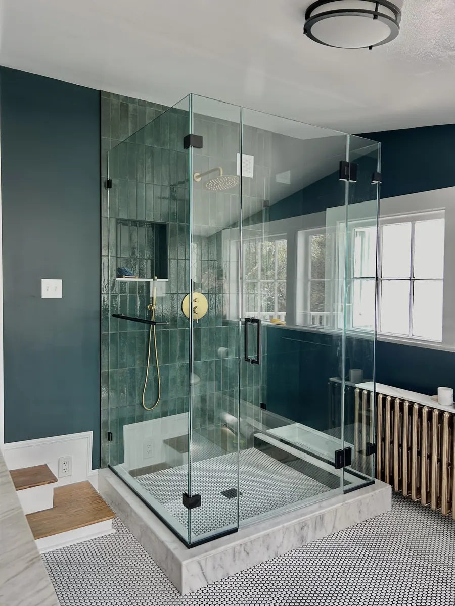 90 degree corner frameless glass shower enclosure, matte black hardware, full glass enclosure, Shower Door in Takoma Park