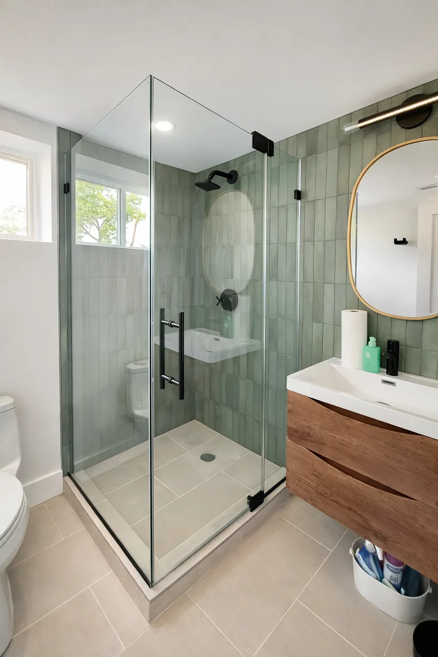 90 degree corner frameless glass shower enclosure, matte black hardware, green tile