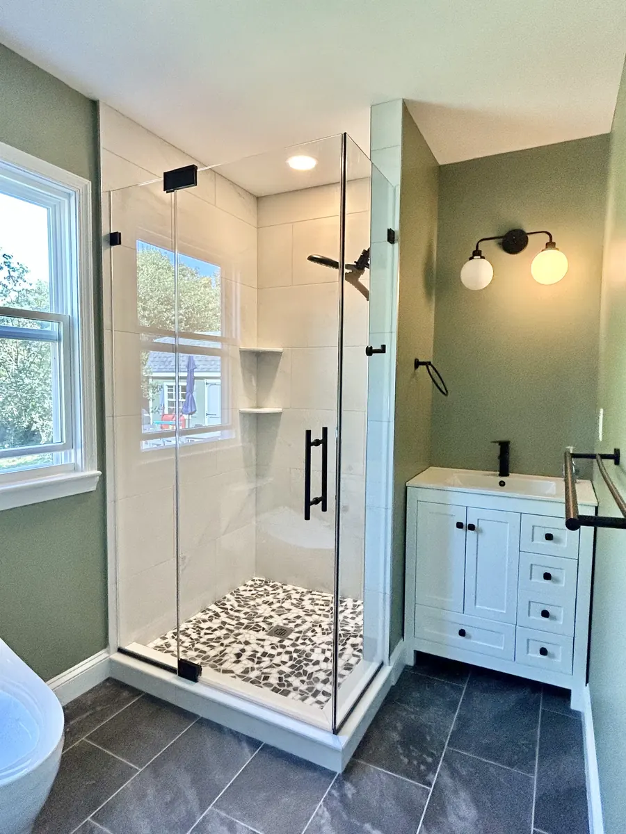 90 degree corner frameless glass shower enclosure, matte black hardware, Shower Door in Arlington, Douglas Park