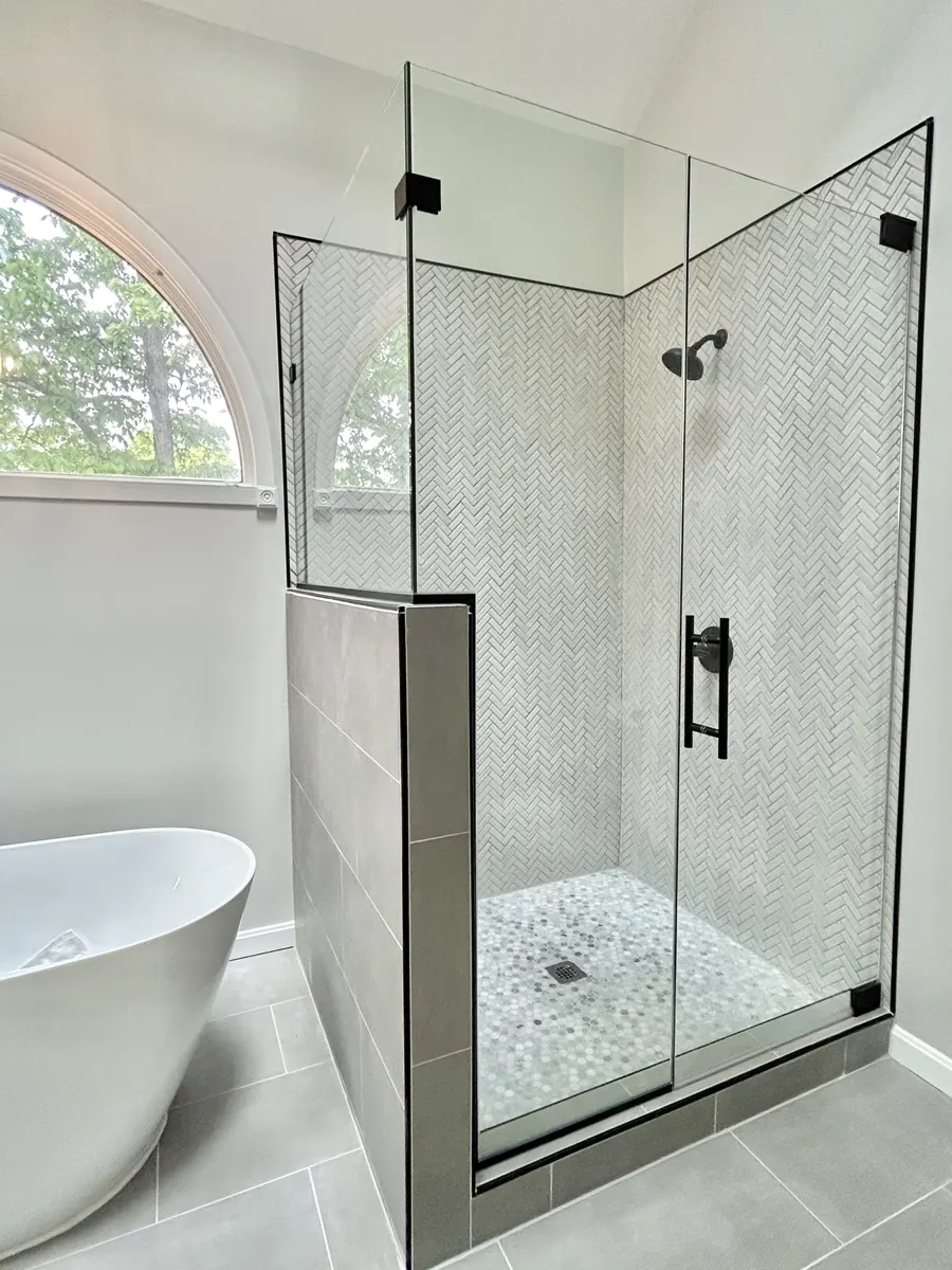 90 degree corner frameless glass shower enclosure, matte black hardware, Shower Door in Ellicott City