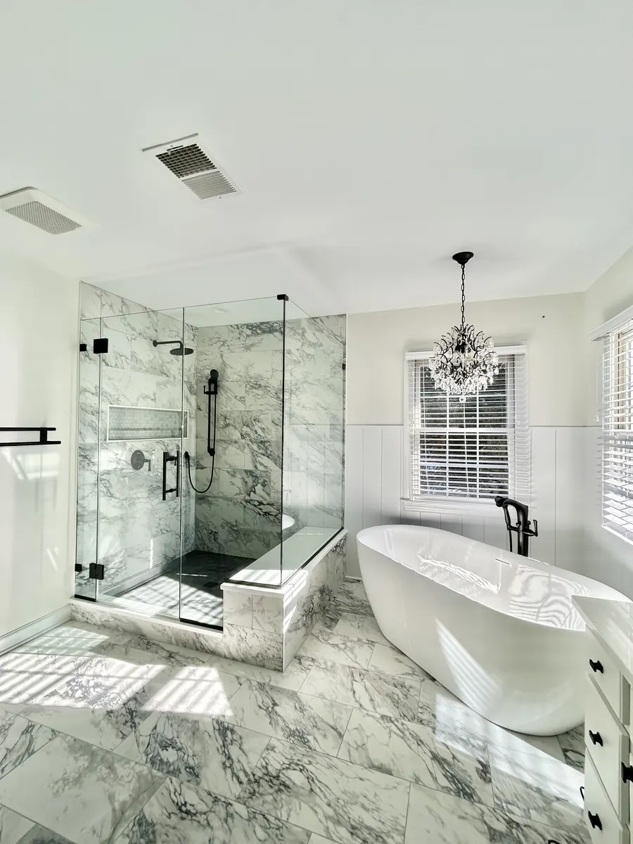90 degree corner frameless glass shower enclosure, matte black hardware, Shower Door in Sparks, Maryland