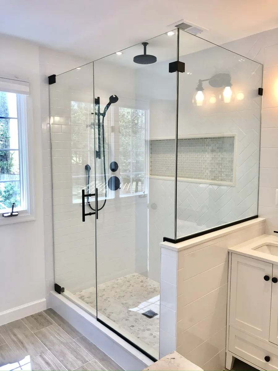 90 degree corner frameless glass shower enclosure, matte black hardware, Shower Door in Tysons Corner