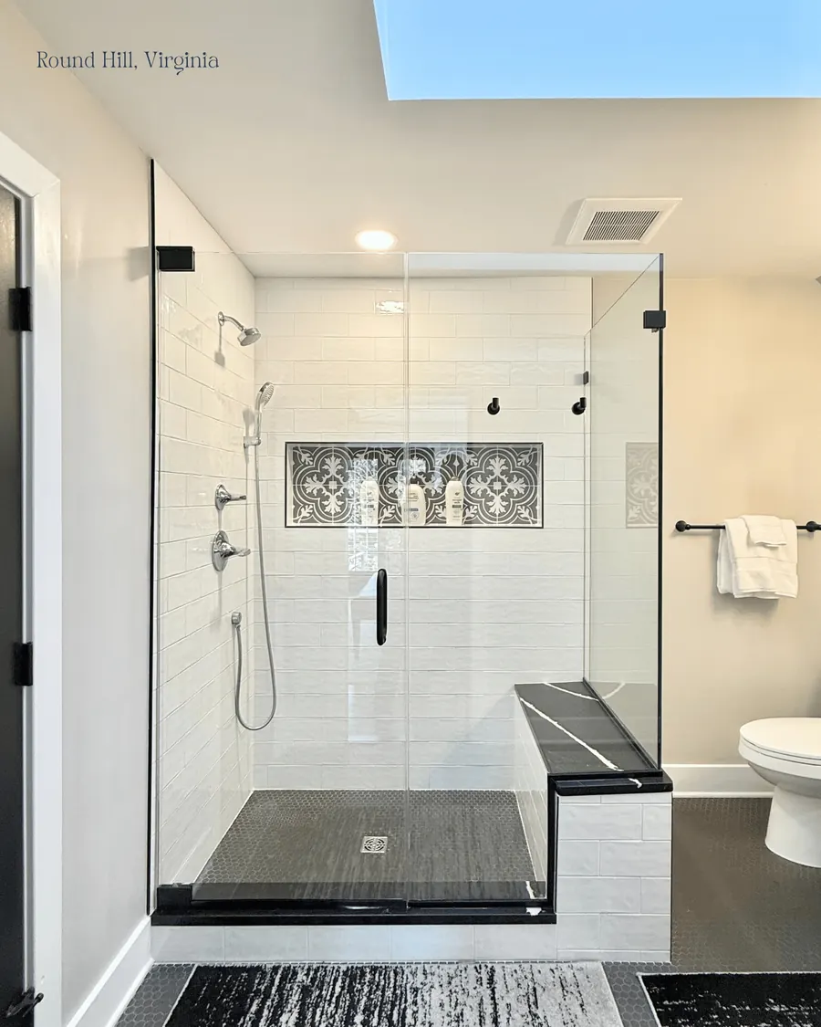 90 degree corner frameless glass shower enclosure, matte black hardware