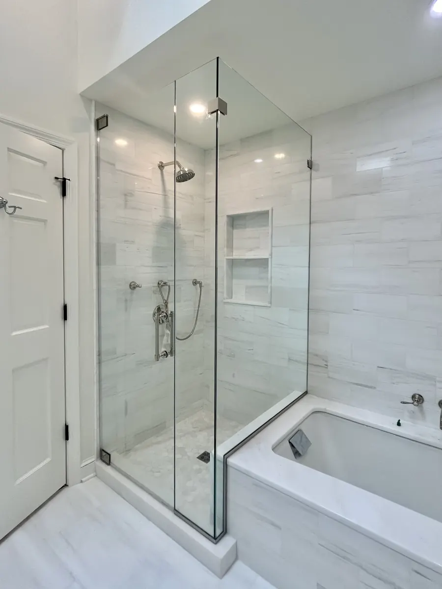 90 degree corner frameless glass shower enclosure, nickel hardware, Shower Door in Spring Valley, Washington