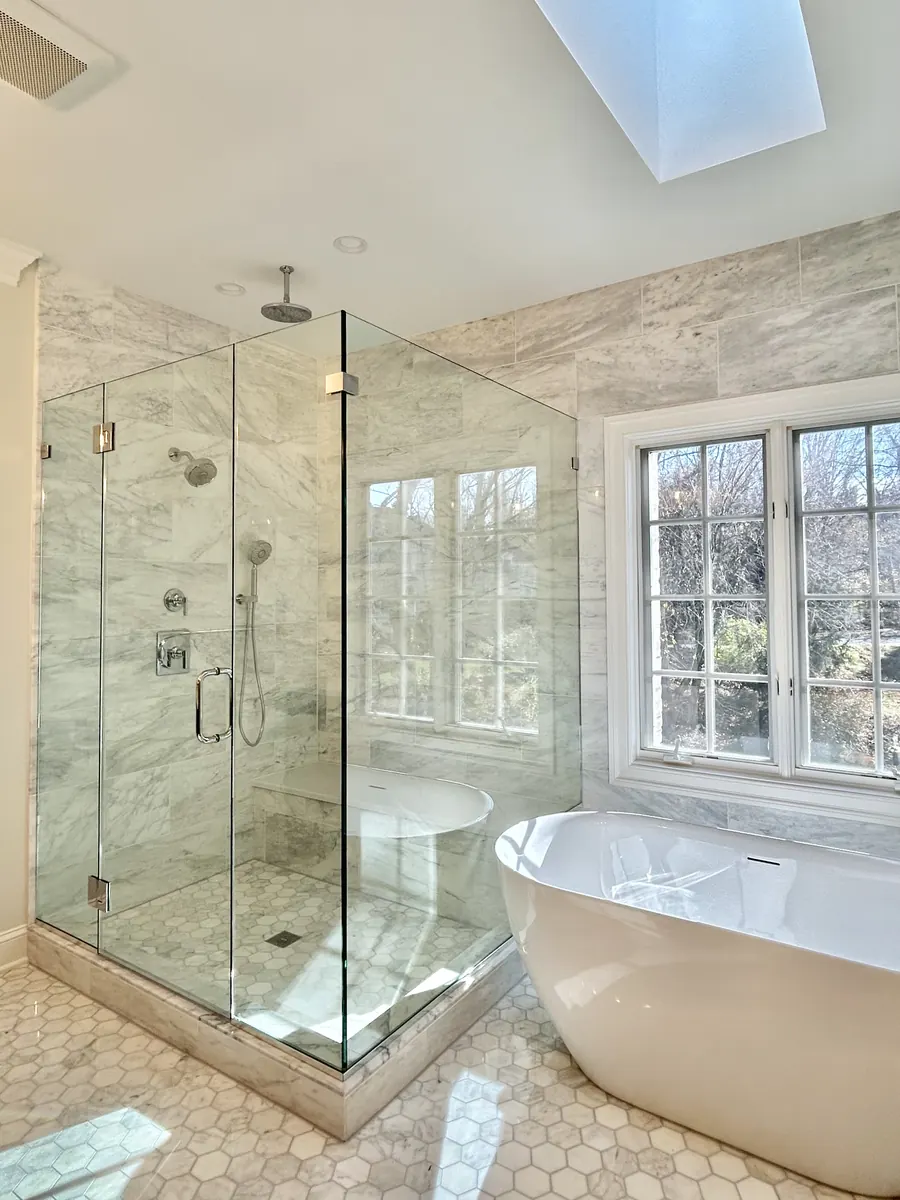 90 degree corner frameless glass shower enclosure, nickel hardware, Frameless Glass Shower Door in McLean