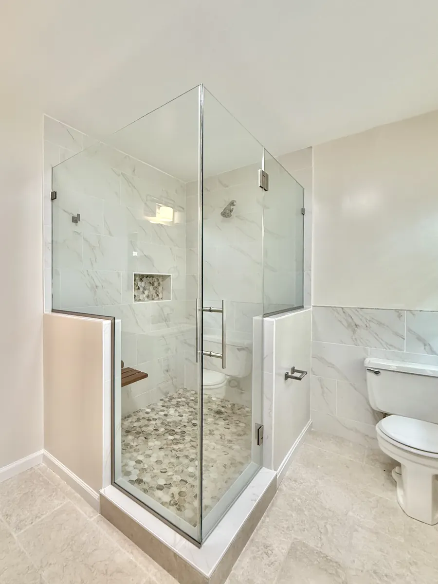 90 degree corner frameless glass shower enclosure, nickel hardware, ladder, 90 degree Glass Shower Door