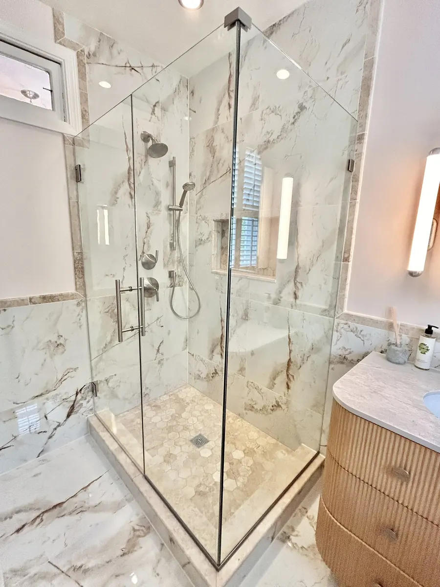 90 degree corner frameless glass shower enclosure, nickel hardware, Shower Door in Capitol Hill