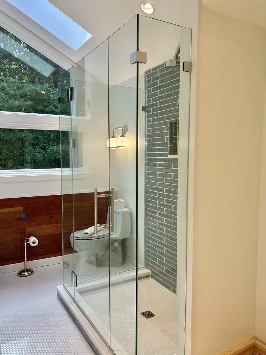 90 degree corner frameless glass shower enclosure, nickel hardware, Shower Door in Columbia, Harpers Choice