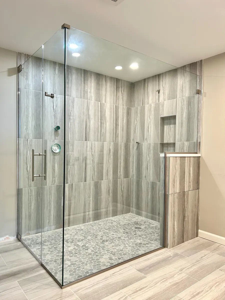90 degree corner frameless glass shower enclosure, nickel hardware, Shower Door with 90 Degree Panel