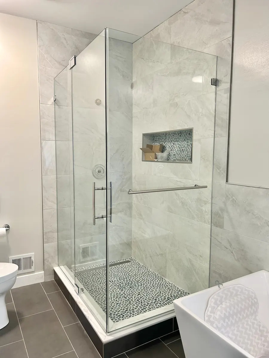 90 degree corner frameless glass shower enclosure, nickel hardware, Shower Door with 90 Degree Return