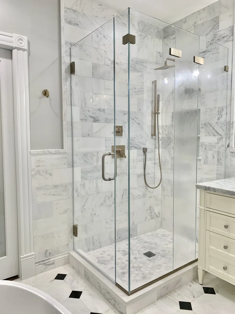 90 degree corner frameless glass shower enclosure, nickel hardware, Shower Door with Custom Glass in Bloomingdale, Washington