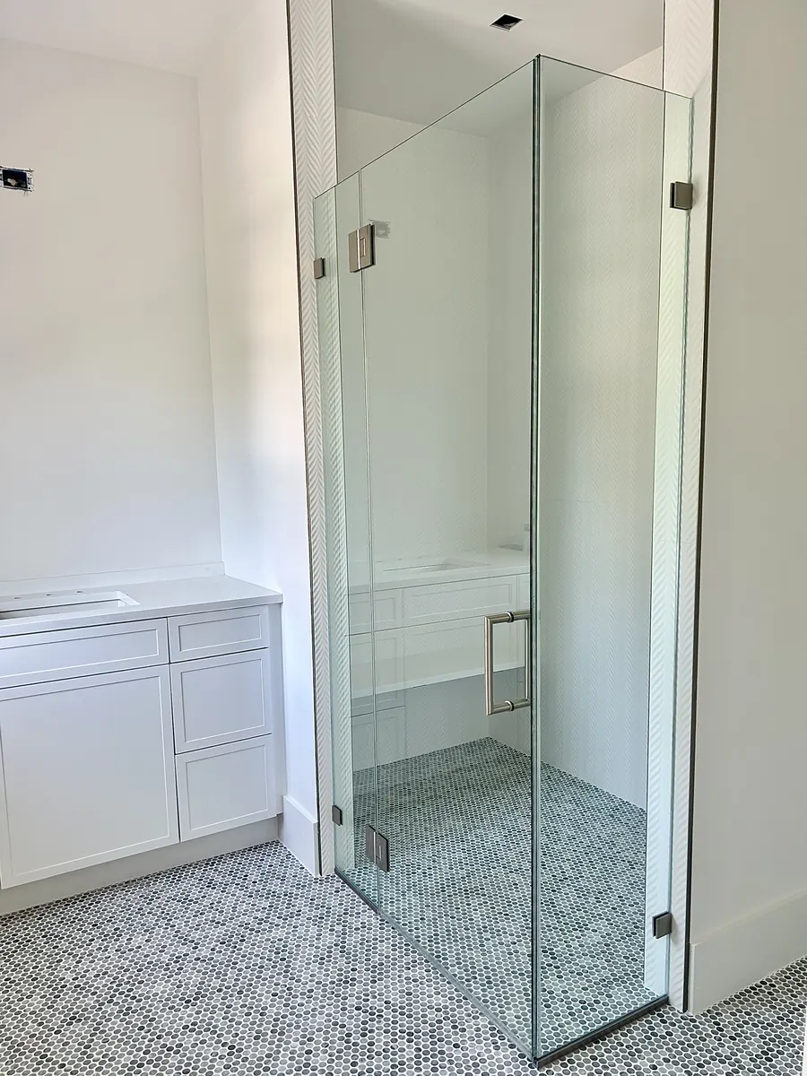 90 degree corner frameless glass shower enclosure, nickel hardware, Shower Door with Return