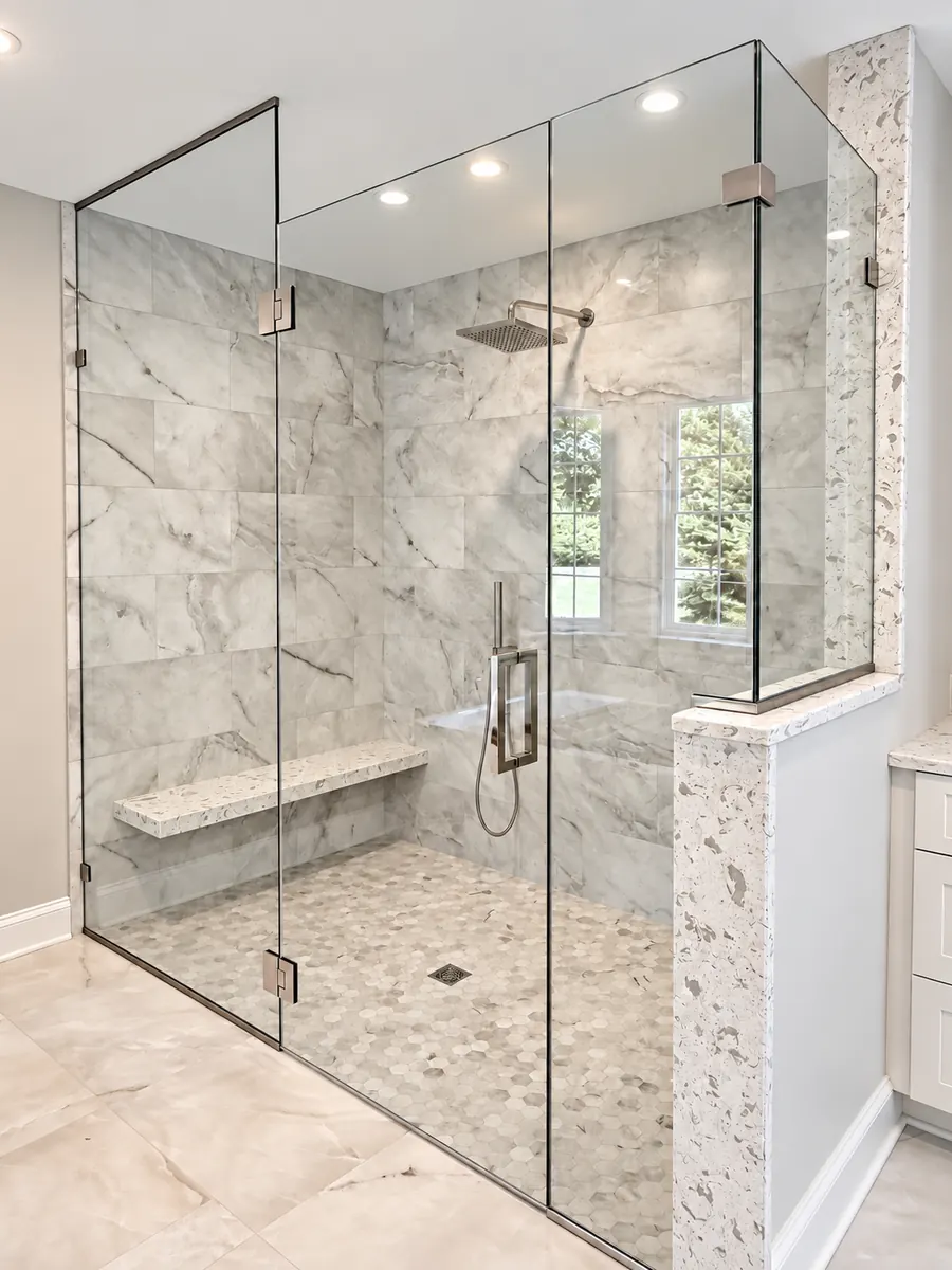 90 degree corner frameless glass shower enclosure, nickel hardware, sq pull with panel to ceiling