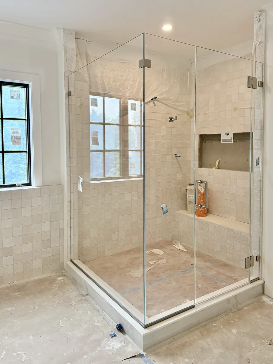 90 degree corner frameless glass shower enclosure, nickel hardware