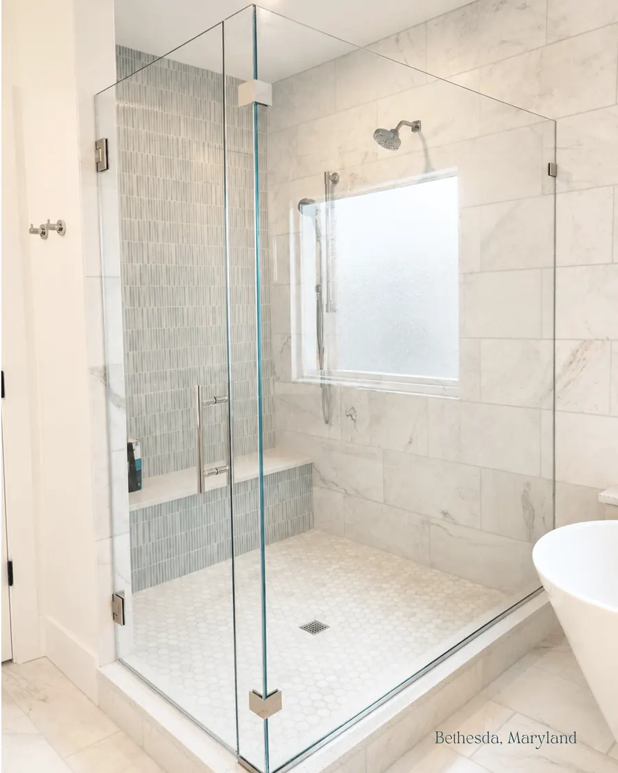 90 degree corner frameless glass shower enclosure, polished chrome hardware