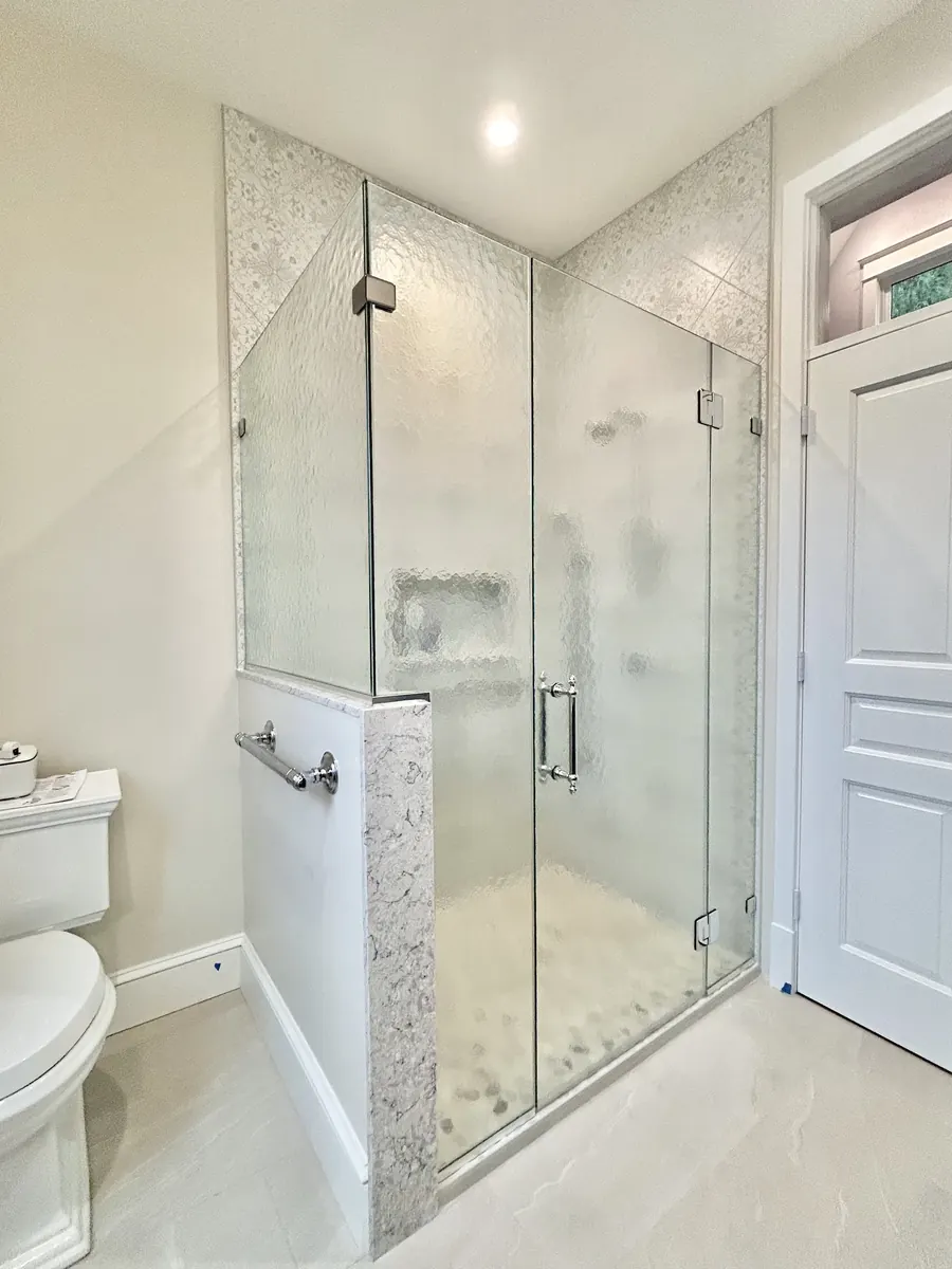 90 degree corner frameless glass shower enclosure, polished chrome hardware, Custom Textured Glass in Hyattsville