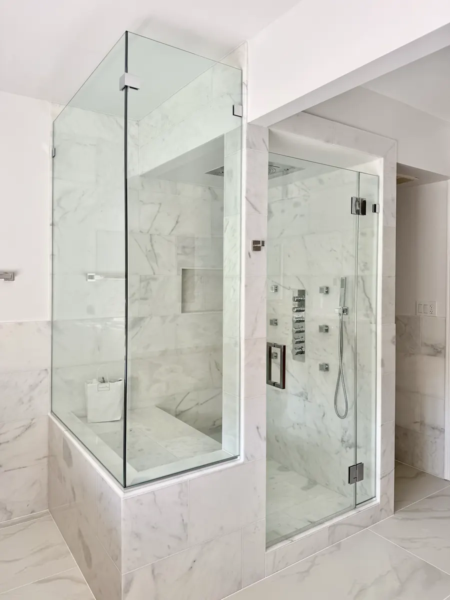 90 degree corner frameless glass shower enclosure, polished chrome hardware, custom