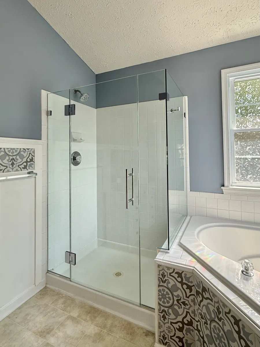 90 degree corner frameless glass shower enclosure, polished chrome hardware, replacement