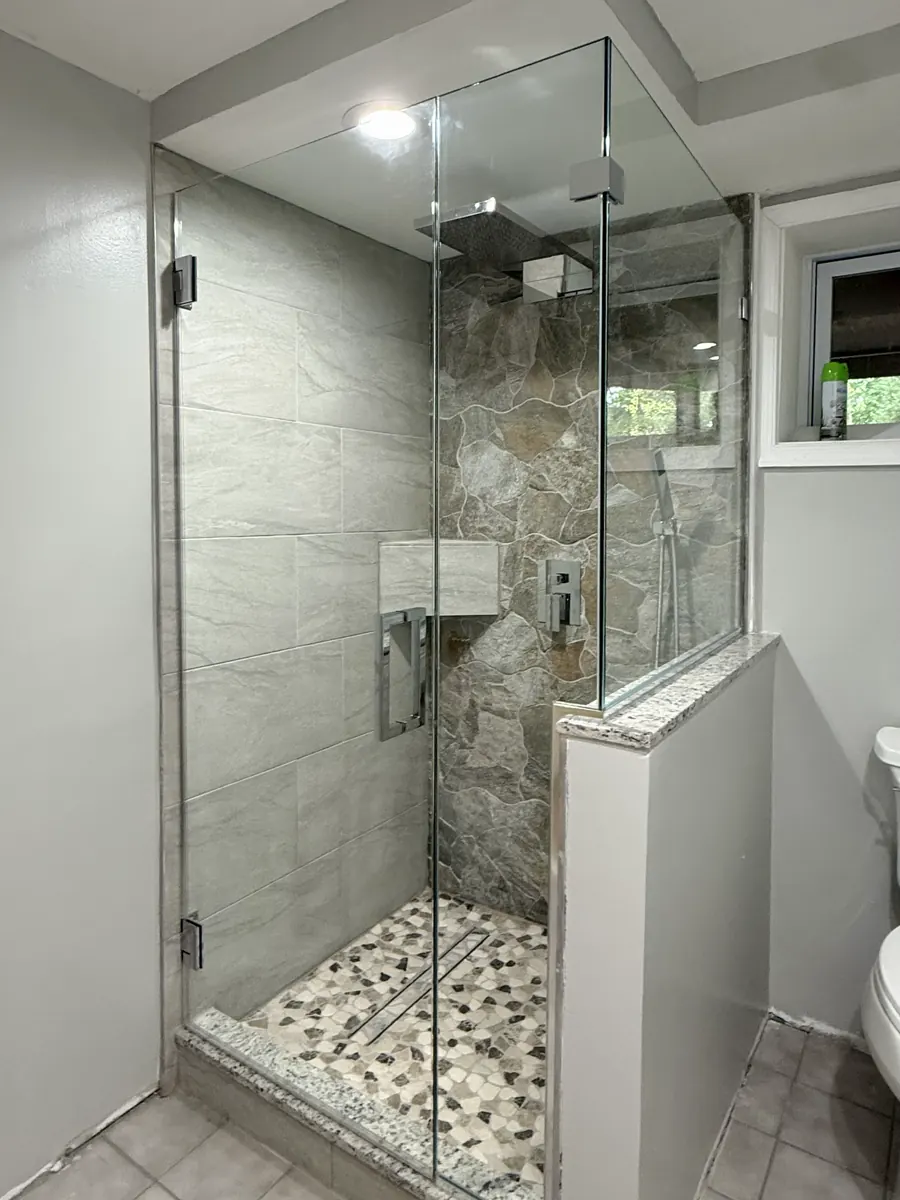 90 degree corner frameless glass shower enclosure, polished chrome hardware, square pull