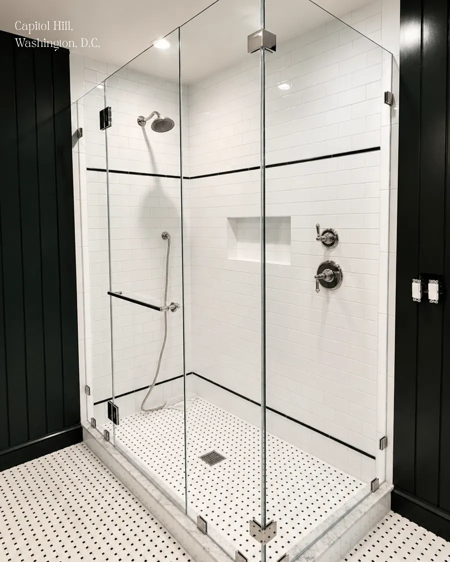90 degree corner frameless glass shower enclosure, polished chrome hardware