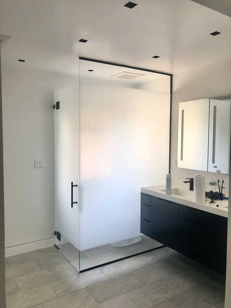 90 degree corner frameless glass shower enclosure, satin Etched Privacy Glass for Powder Room