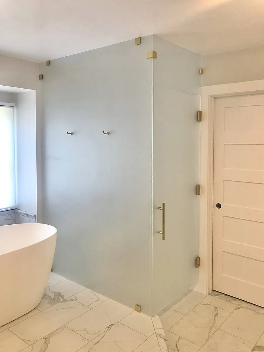 90 degree corner frameless glass shower enclosure, satin Etched Privacy Powder Room