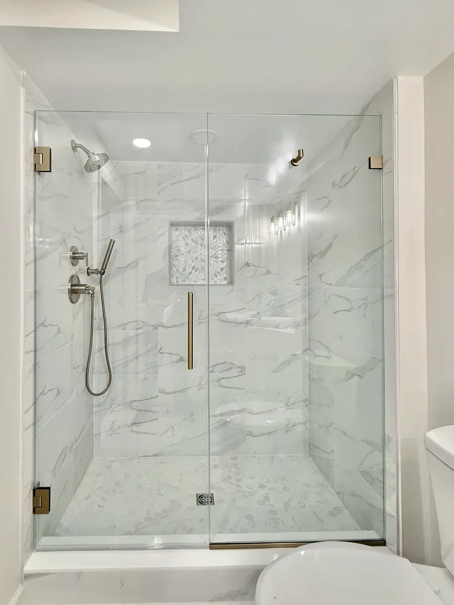 Door and panel frameless glass shower enclosure, brushed nickel hardware