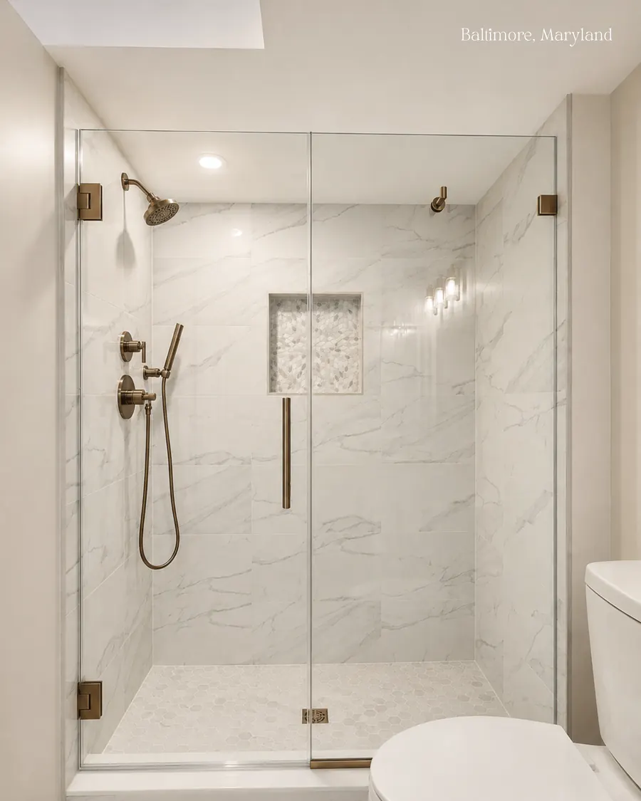 Door and panel frameless glass shower enclosure, brushed nickel hardware