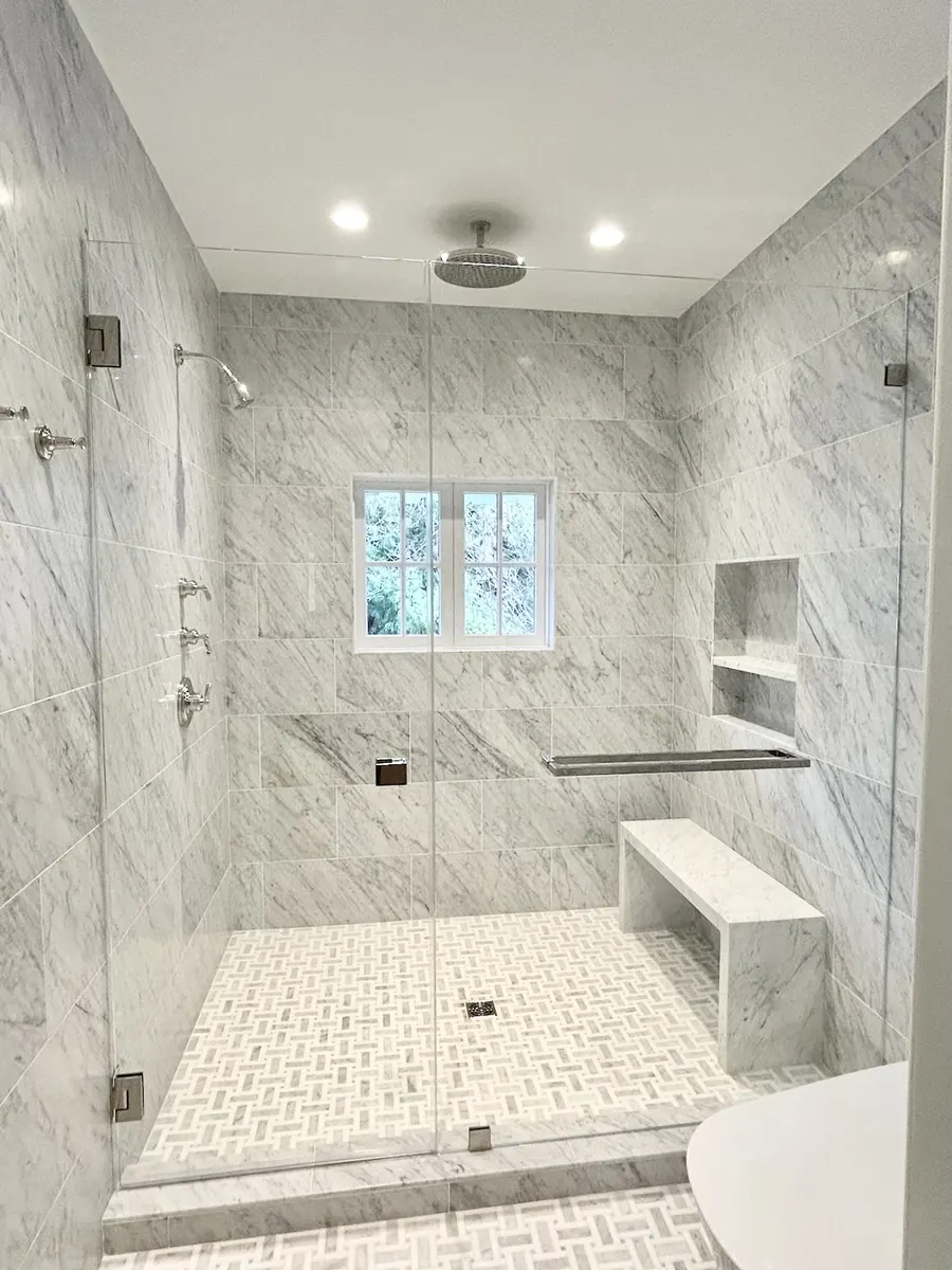 Door and panel frameless glass shower enclosure, polished chrome hardware, knob, Shower Door with Premium Hardware