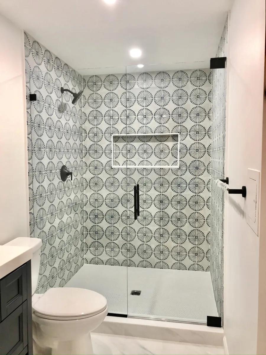 Door and panel frameless glass shower enclosure, matte black hardware, Frameless Pivot Door in Arlington VA