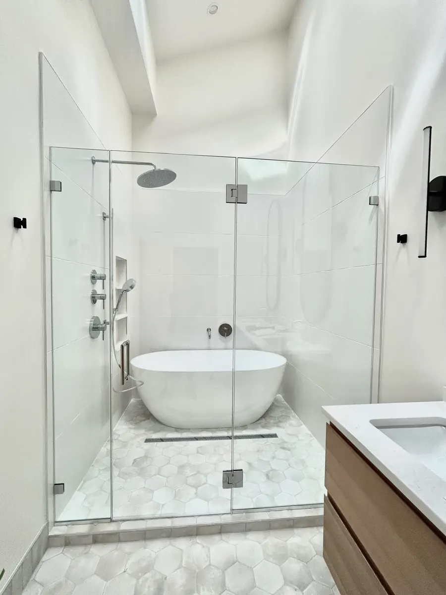 In-line panel frameless glass shower enclosure, polished chrome hardware, Frameless Shower Door for Spa Room